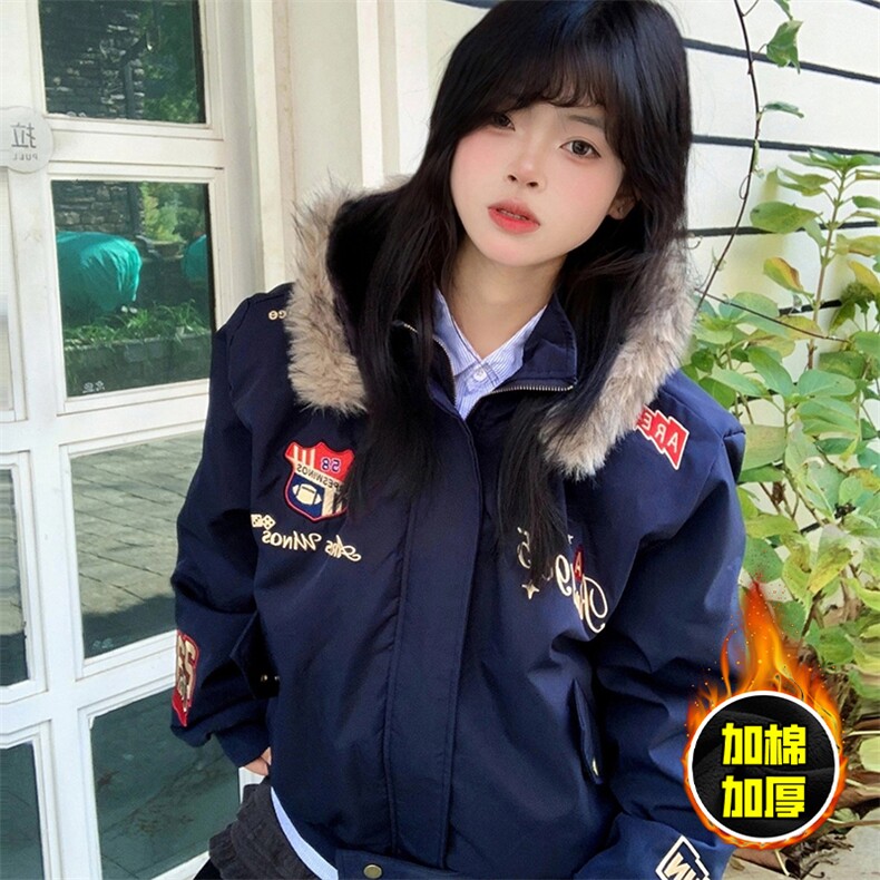 现货高品质美式高街重磅刺绣座山雕大毛毛领棉衣男女加厚棉服外套,男装棉衣,电商A486