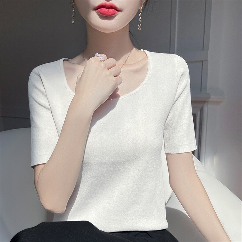 纯色方领短袖t恤女夏季2025新款打底衫洋气女装针织上衣短袖,针织衫/毛衣,皓宇羊绒