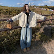米白色复古格纹拼接连帽夹棉外套女2025韩系宽松休闲加厚保暖上衣，女装棉衣/棉服，2C326