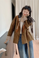 收腰系带丝巾风衣女短款鹿皮绒外套2025秋季新款百搭显瘦夹克上衣，女装短外套，2C317