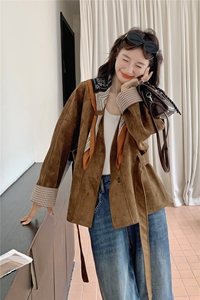 收腰系带丝巾风衣女短款鹿皮绒外套2025秋季新款百搭显瘦夹克上衣图片