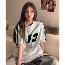 抖音得物品质二开240克宽松纯棉美式潮牌印花三条杠中性风短袖T恤，男装T恤，电商A486-1