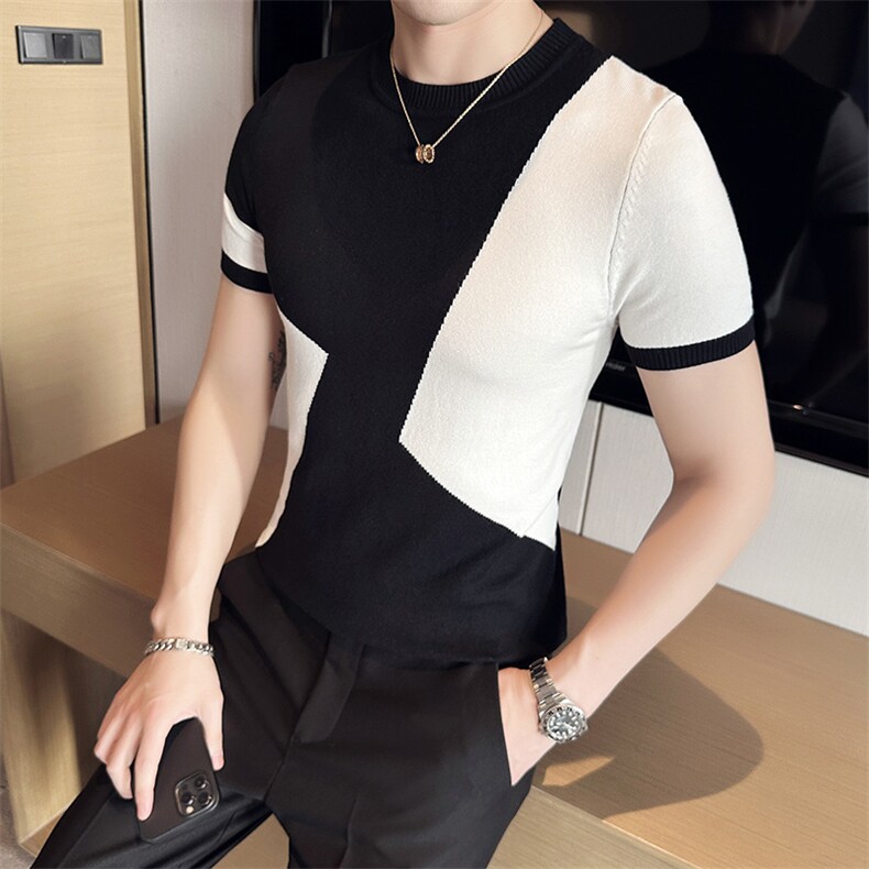 2024夏季新款修身圆领拼色提花针织衫毛衣打底衫男净版M06-p45，男装针织衫/毛衣，电商D303
