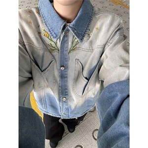 秋季新款花卉潮牌设计感渐变刺绣牛仔夹克外套男女中性风JK8973图片