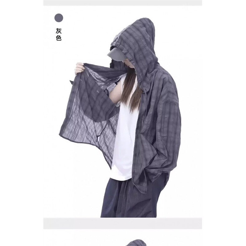 夏季美式格纹防晒连帽男女慵懒风防晒衬衣情侣长袖薄外套1000p38,男装防晒衣,电商D315