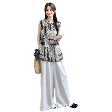 新中式国风女2025夏季新款独特漂亮印花改良旗袍阔腿裤，女装蕾丝衫/雪纺衫，浙宝069