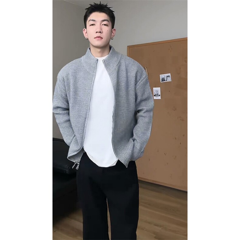 重磅秋冬北极绒双拉链毛衣开衫美式复古休闲慵懒风宽松针织衫外套,男装针织衫/毛衣,电商A486-1