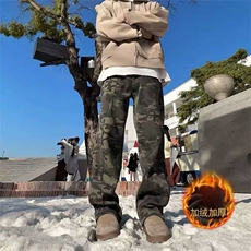 加绒加厚迷彩工装牛仔裤男士潮牌秋冬美式高街复古宽松直筒阔腿裤，男装牛仔裤，星座506A