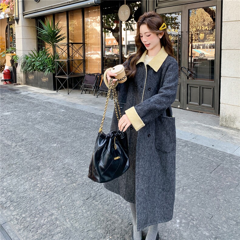 灰色复古围巾双面羊毛大衣女2025冬季新款韩系慵懒风长款毛呢外套,女装羊绒大衣,2B109