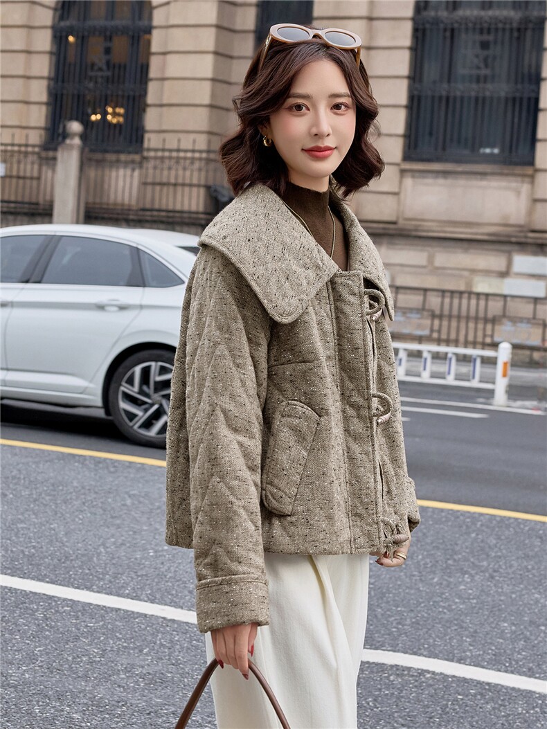 2025秋冬新款时尚大翻领毛呢夹棉外套,女装棉衣/棉服,依路服饰