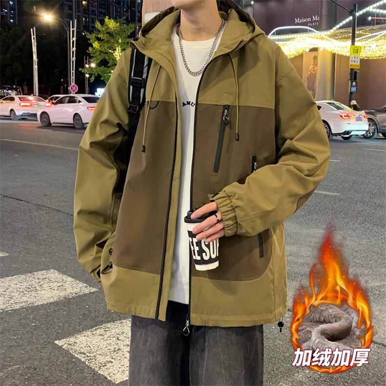 AJ129-P98冬季加绒加厚连帽冲锋衣防风防水插色拼接棉衣外套,男装棉衣,星座109