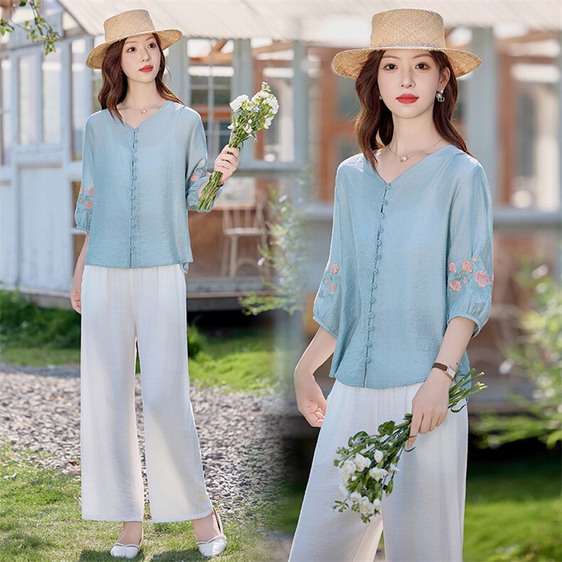 独特漂亮苎麻夏季2025新款宽松刺绣天丝衬衫棉麻裤妈妈，女装大码女装，木橙西子