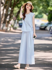 【现货】2025年夏季新款棉麻休闲气质收腰显瘦贝壳阔腿裤套装，女装套装/套裙，辉煌依升