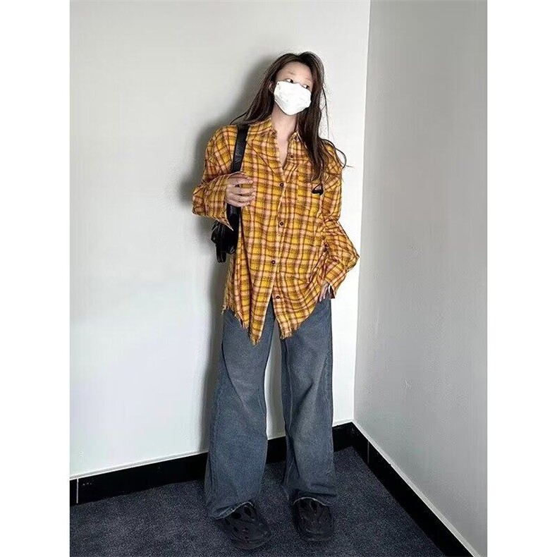 2025美式复古多巴胺黄色格子衬衫男女高街衬衣开衫长袖外套上衣,男装衬衫,星座506A