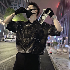 S60/P58控78夏季社会小伙复古垂感口袋花衬衫短袖男黑首1，男装衬衫，星座305B