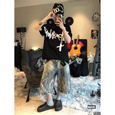 DKZ77HH-P50美式复古闪电纹七分牛仔阔腿裤男美式复古短裤，男装牛仔裤，星座1007（原301D）
