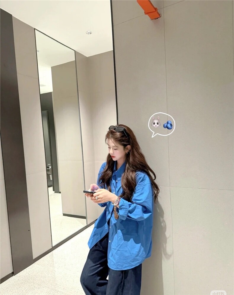显白克莱因蓝美式复古蓝色设计感高支棉衬衫图片