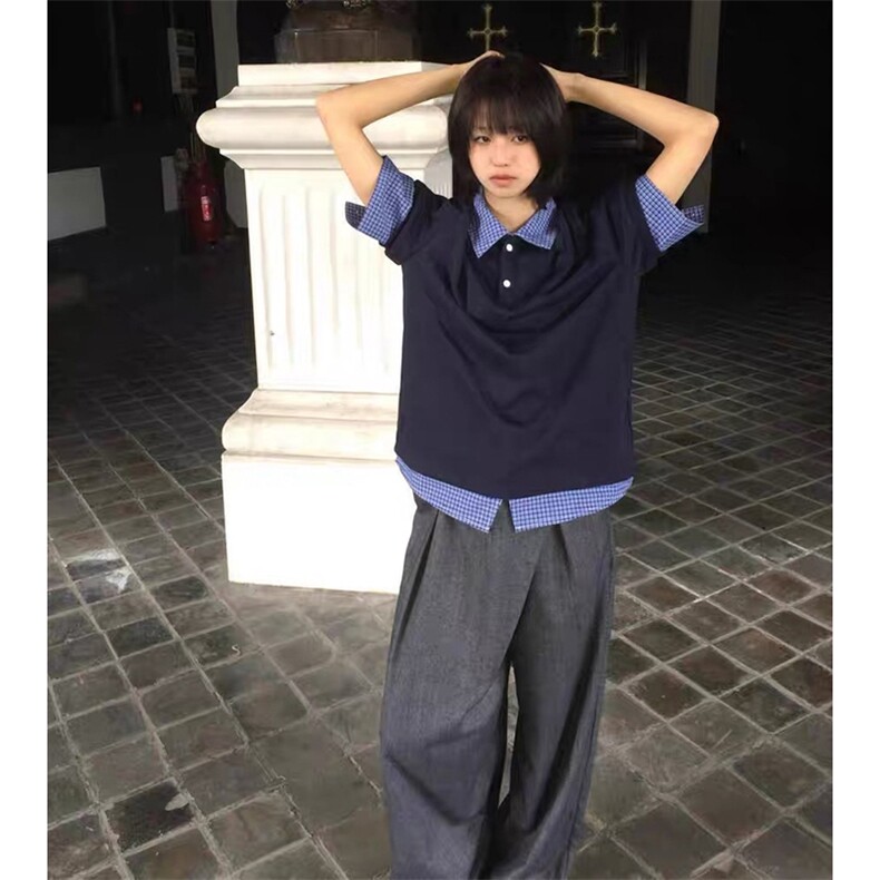 得物抖音高品质二开夏季美式潮牌高街假两件格子衬衣翻领短袖T恤,男装T恤,电商A486