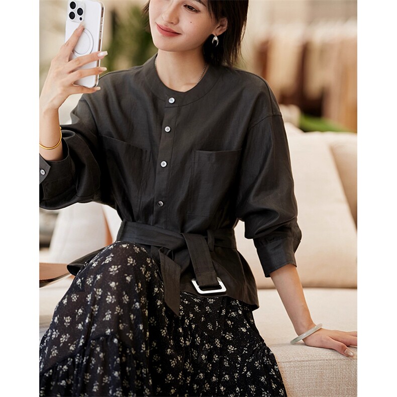 法式通勤梧桐雨细苎麻外套女_圆领长袖收腰短款上衣秋季新款，女装衬衫，梦白服饰厂