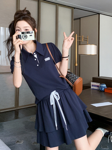藏青色学院风减龄套装裙女2025夏季新款韩版显瘦小个子运动两件套图片