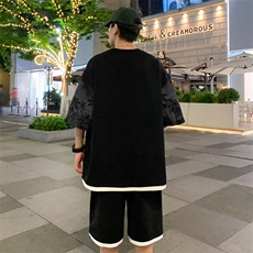 假两件菠萝格短袖T恤男夏季重磅潮牌ins休闲宽松欧美高街半袖上衣，男装休闲套装，电商A022