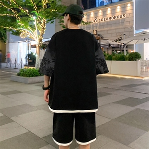 假两件菠萝格短袖T恤男夏季重磅潮牌ins休闲宽松欧美高街半袖上衣图片