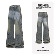 B221美式ins高街暗黑个性拼接修身微喇牛仔裤LK26656-特P48控88，男装牛仔裤，电商B221