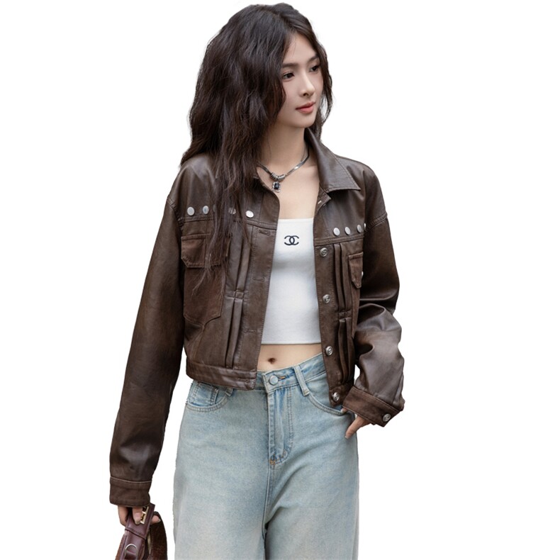 2024春秋新款美拉德柳钉短外套上衣美式复古皮衣女工装短款皮夹克,女装皮衣,潮流依族