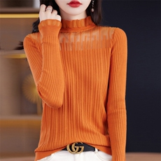 【正品清仓】半高领衫女时尚洋气木耳边镂空针织打底女士毛衣，女装针织衫/毛衣，大美人包芯纱店