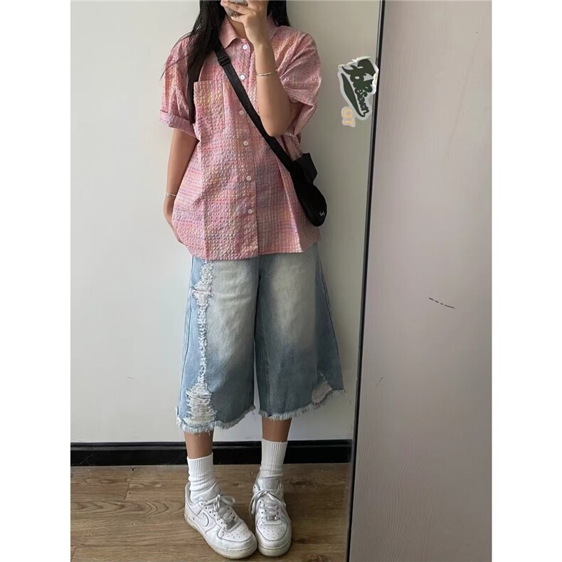 粉色格纹短袖衬衫女夏季设计感小众多巴胺泡泡纱半袖格子衬衣上衣,男装T恤,星座1210-1