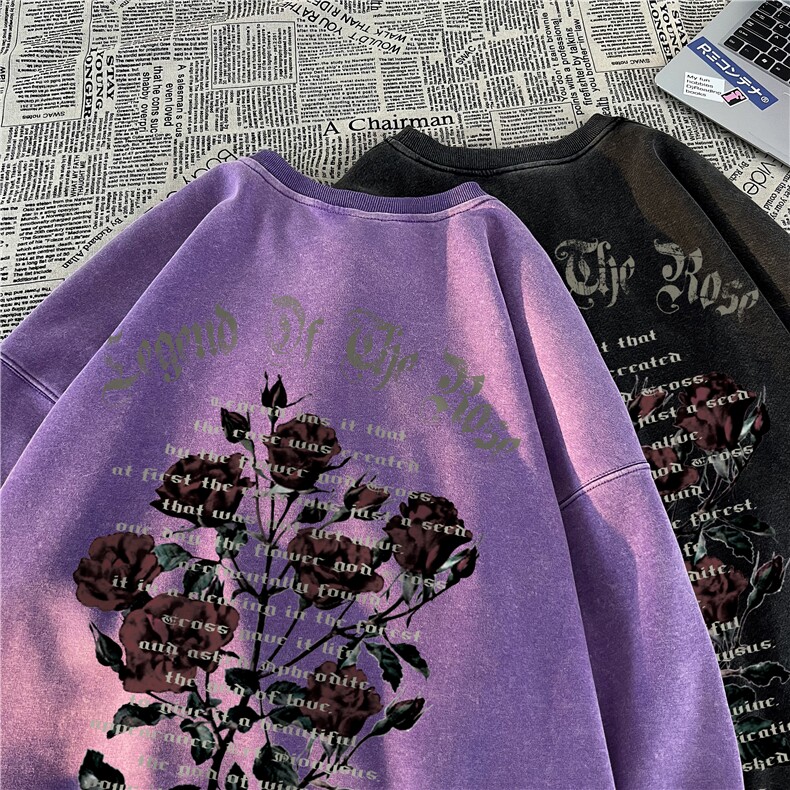 抖音品质美式哥特玫瑰字母印花水洗宽松卫衣JK23438特批48-控79图片