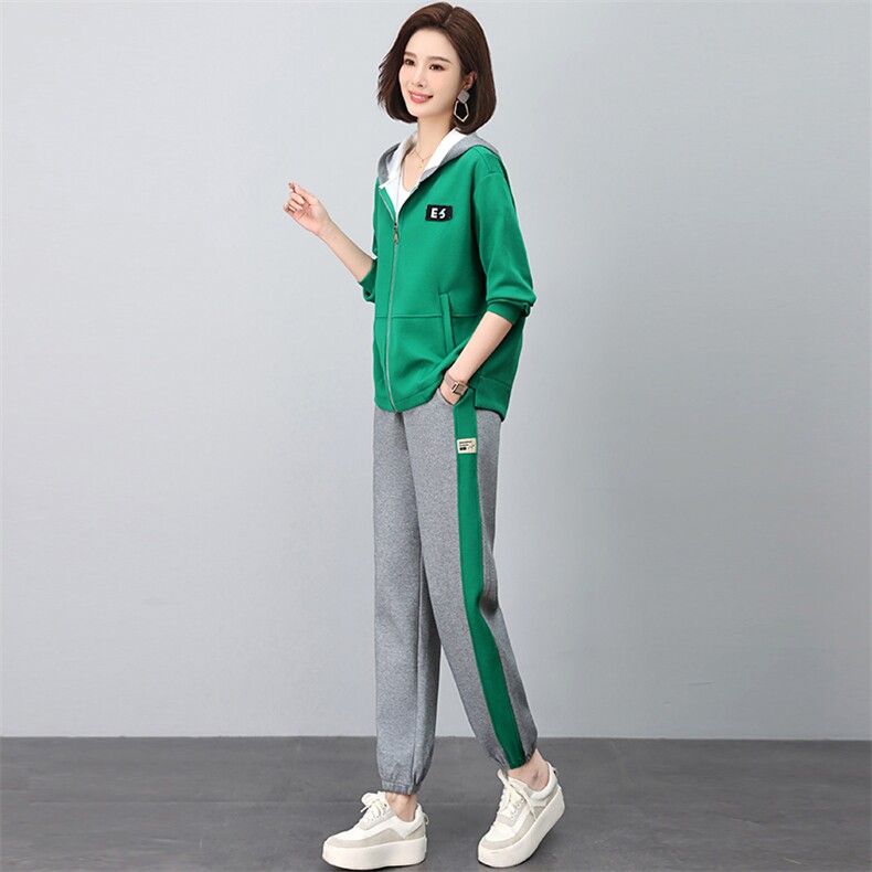 时尚撞色贴标休闲套装女秋季新款宽松显瘦运动两件套,女装套装/套裙,依恋蒂丝