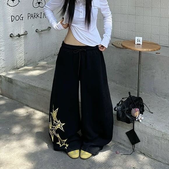 港风秋款男女卫裤星星印花抽绳阔腿休闲长裤h5342P53,男装休闲裤,星座1013-1