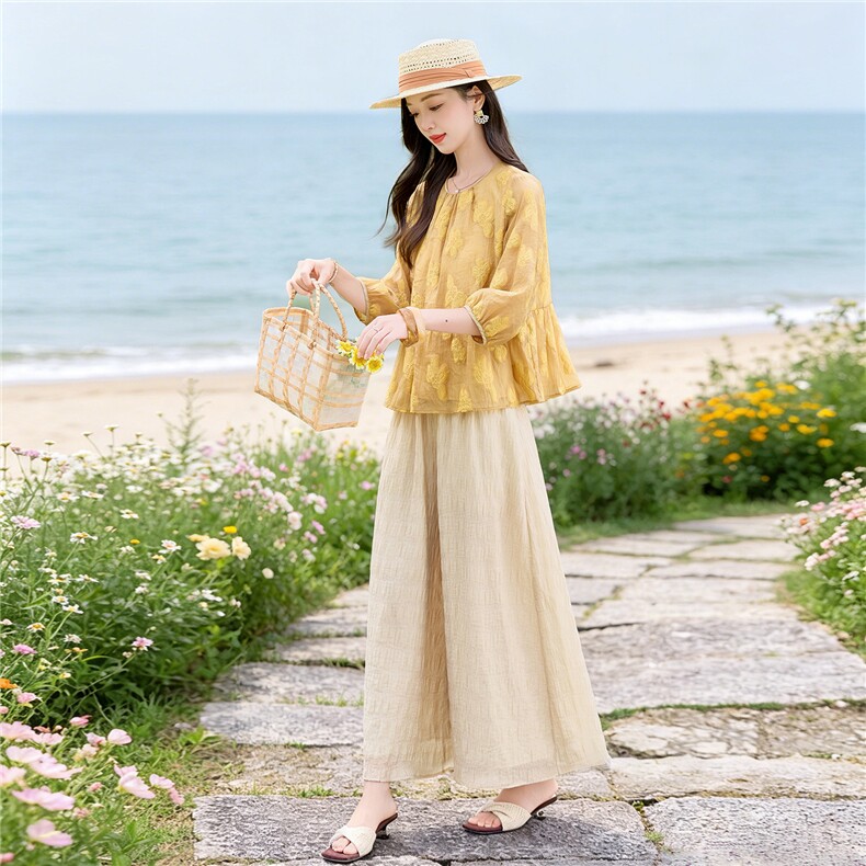 夏新款圆领绣花宽松小衫裙裤优雅气质套装女,女装套装/套裙,水衣源