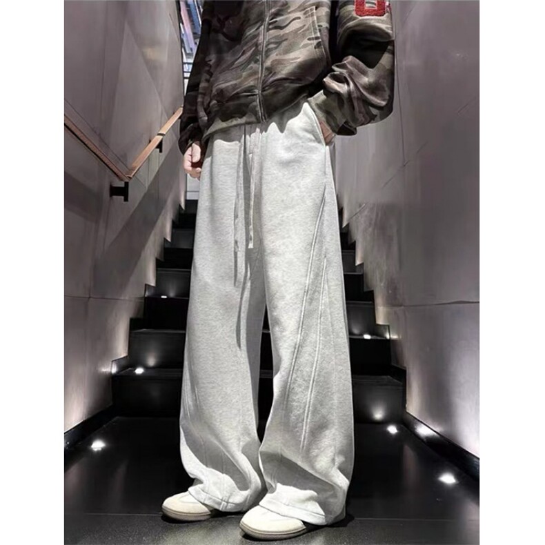 白灰色运动休闲裤男秋美式复古vibe直筒长裤拼接阔腿裤子KK28,男装休闲裤,星座1116A（原606A-3）