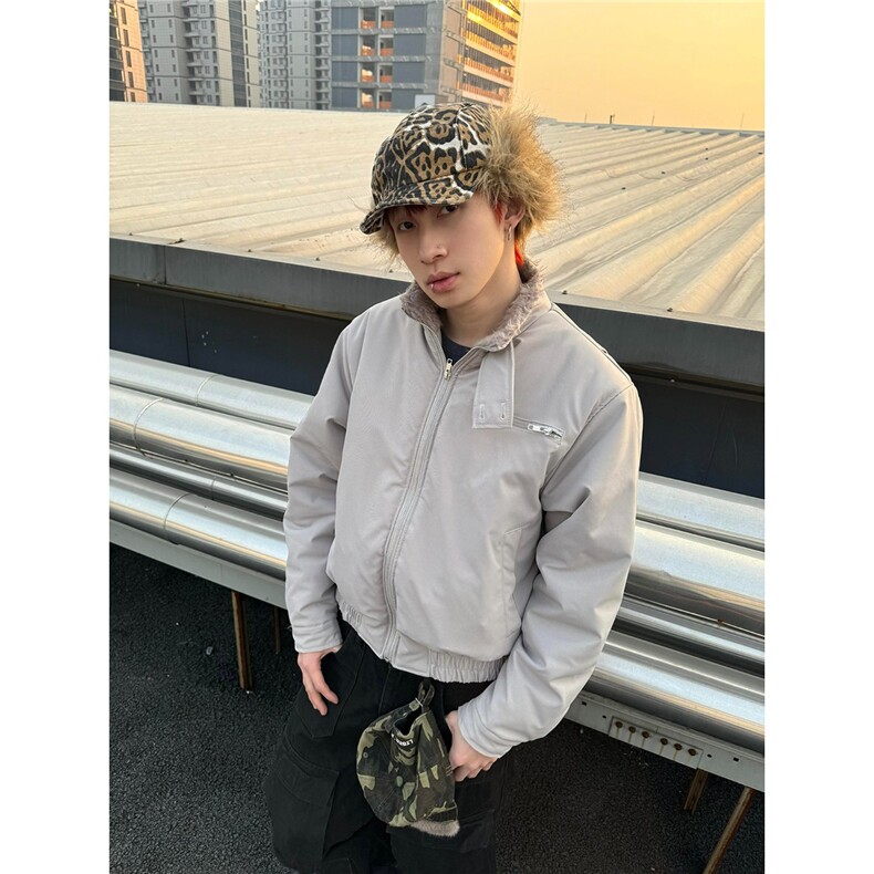 美式毛领哈灵顿夹克棉服冬季短款高级感外套工装立领棉衣JM6062,男装夹克,星座516A