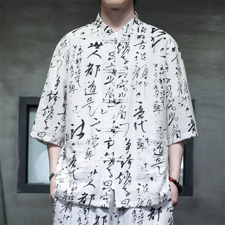 2025夏季新款风男装盘扣新中式唐装书法印花衬衫C113-P50,男装衬衫,电商B277(原6028)