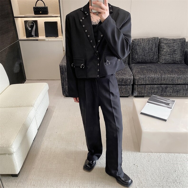 新款潮流圆圈孔眼设计宽松时尚痞帅阔腿裤长裤男A345-317-1-P85,男装休闲裤,电商A345
