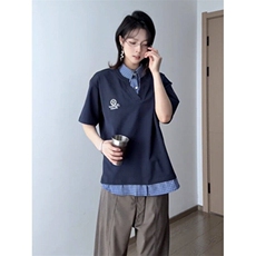新款学院风假两件短袖格子拼接原宿风原宿流行insTTX33，男装T恤，星座208-5