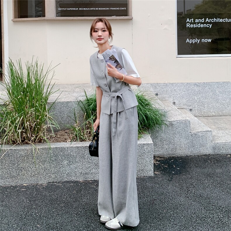休闲气质浅灰色马甲阔腿裤套装女2025夏季新款又酷又飒显瘦两件套,女装套装/套裙,浙宝069