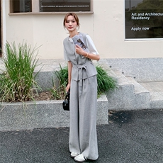 休闲气质浅灰色马甲阔腿裤套装女2025夏季新款又酷又飒显瘦两件套，女装套装/套裙，浙宝069