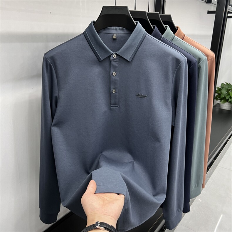 秋季男士长袖棉体恤平纹光滑商务休闲男POLO衫打底衫可外穿上衣，男装Polo衫，钱塘6003（原4033）