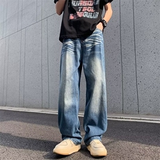 潮牌情侣美式复古猫须水洗牛仔裤宽松直筒长裤子男女~D9022，男装牛仔裤，星座601-1