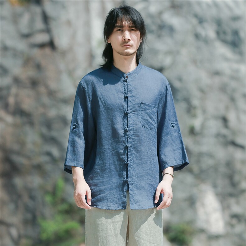 纯苎麻可翻卷七分袖风盘扣薄如蝉翼防蚊防晒衬衫CS01P90，男装防晒衣，星座704A（原B229A）