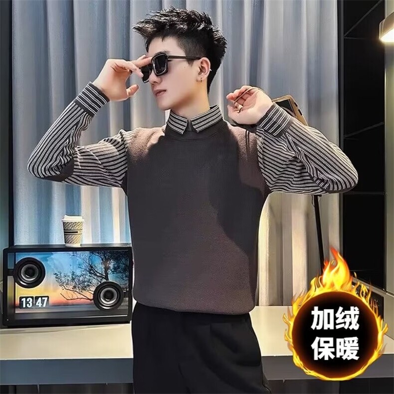 假两件条纹翻领毛衣男韩系秋冬加绒加厚打底修身衬衫针织衫,男装针织衫/毛衣,星座1116A-2（原606A-1）