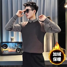 假两件条纹翻领毛衣男韩系秋冬加绒加厚打底修身衬衫针织衫，男装针织衫/毛衣，星座1116A-2（原606A-1）