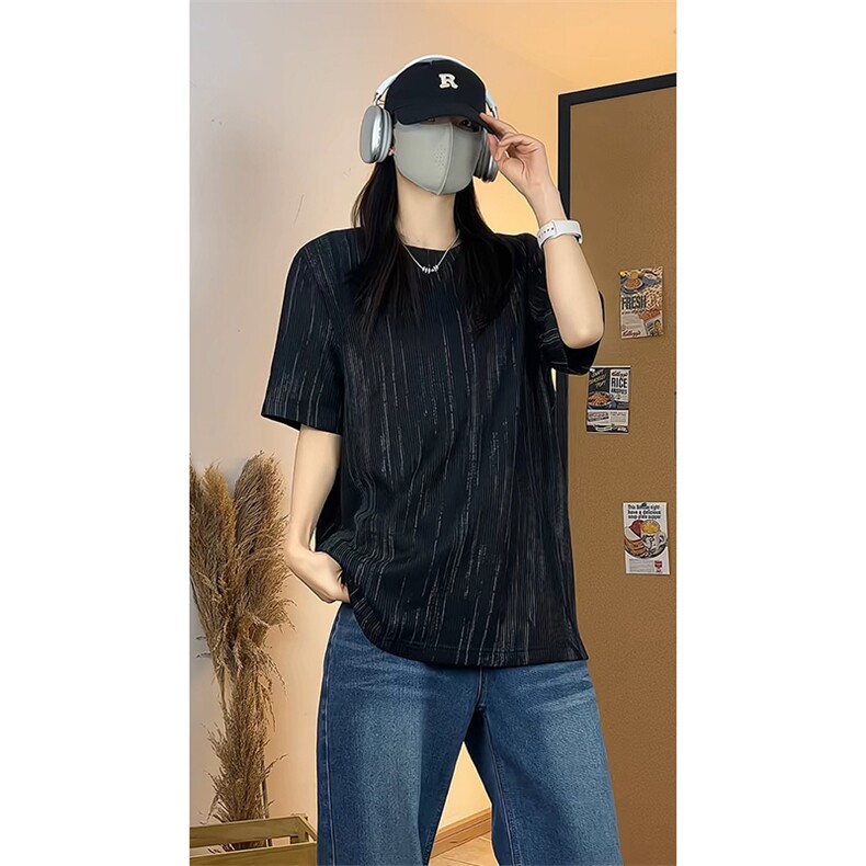 休闲风百搭短袖T恤男女宽松圆领条纹肌理感内搭上衣T3695-特价P22,男装T恤,电商A007
