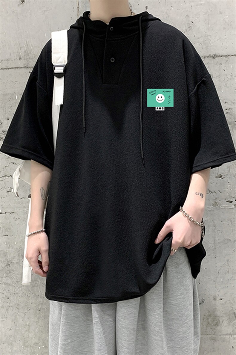 LD54264-P45连帽短袖t恤男大码胖子带帽五分袖中袖大皂风,男装T恤,电商A040