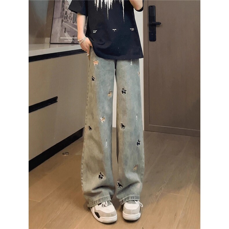 小狗刺绣阔腿牛仔裤男女同款新款宽松显瘦直筒拖地裤NZG630,男装牛仔裤,星座516A