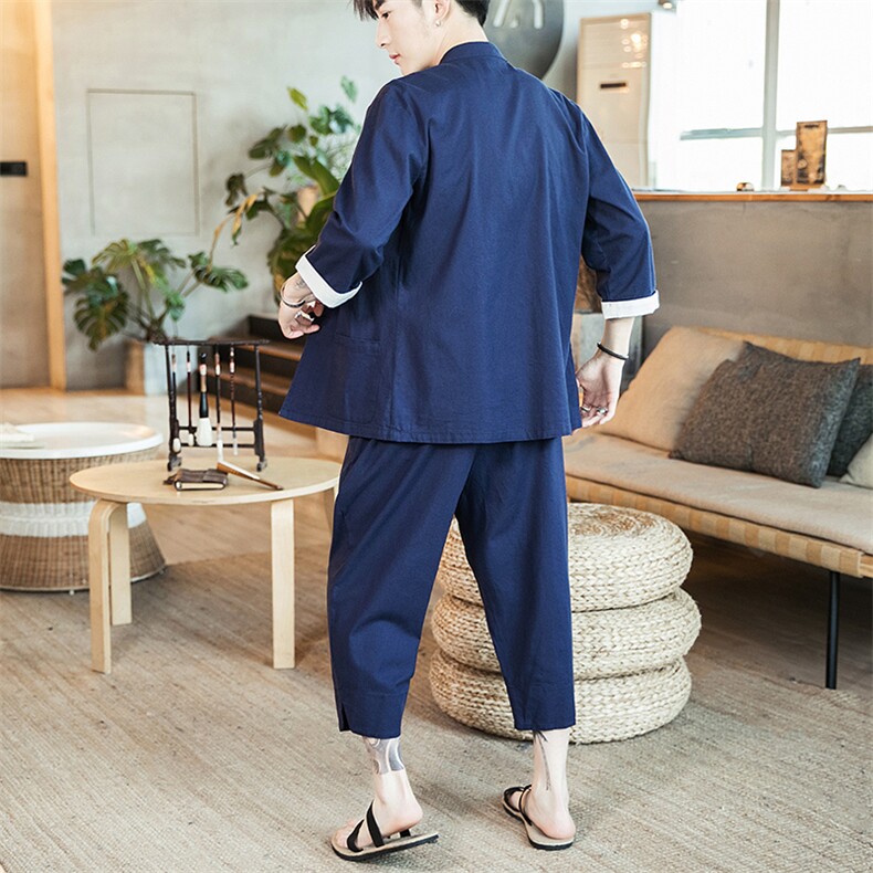 2021夏季中国风男装棉麻七分袖衬衫大码刺绣休闲裤套装TZ073/P100,男装休闲套装,电商A008